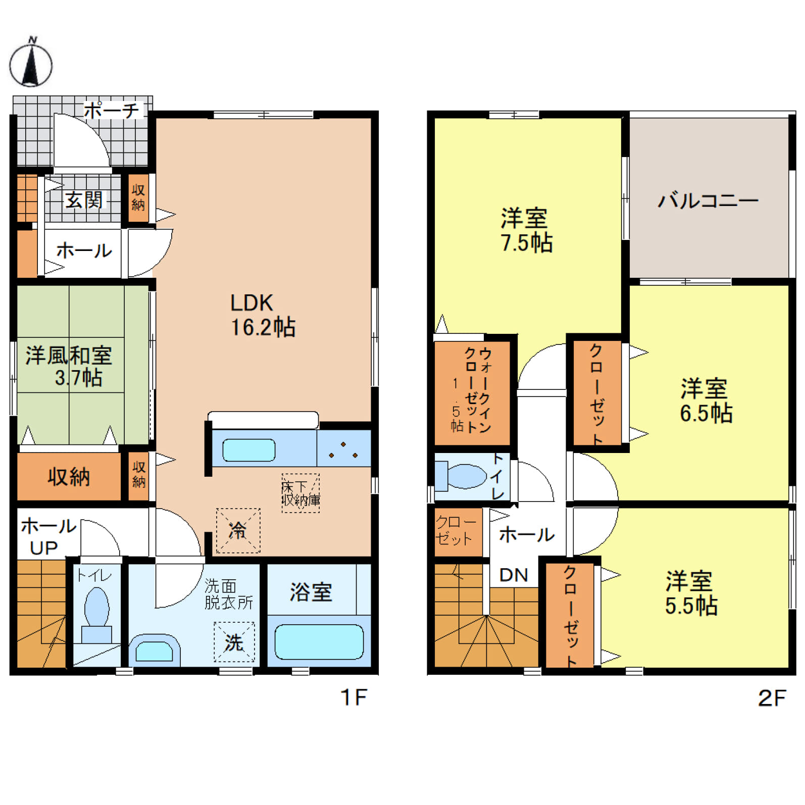 姫路市広畑区蒲田第13　全2区画【2号棟】16.2帖のLDKを中心に、家族がゆったり暮らせる4LDKプラン♪全居室収納に加え、1.5帖のウォークインクローゼットや畳コーナー付きで収納力とくつろぎを両立♪コンビニ徒歩10分圏内で、毎日の暮らしにも便利な住環境です♪