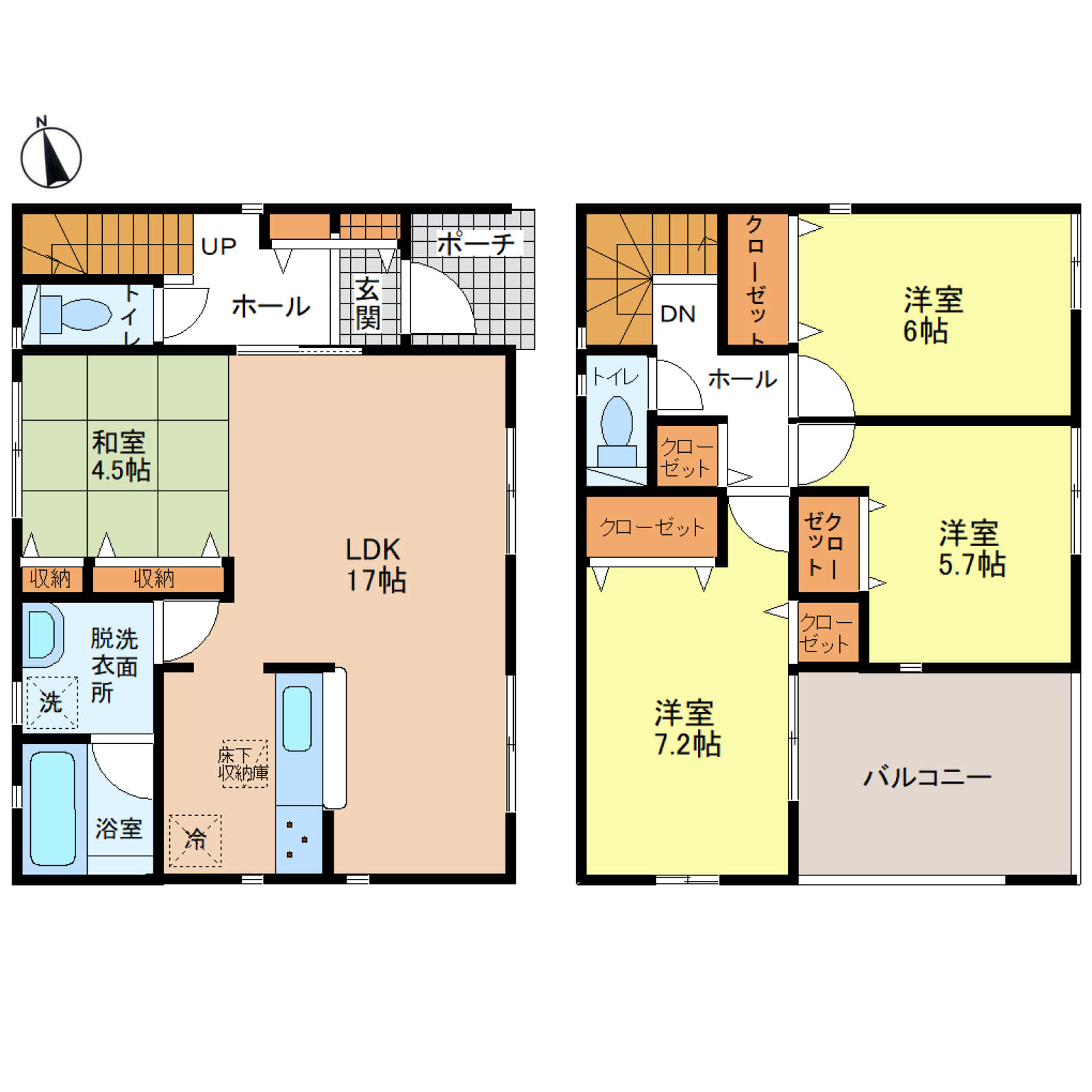 姫路市庄田第3　全1区画【1号棟】家族の時間が広がる、3LDK＋タタミコーナーのゆとりある住まい♪全居室収納に加え、玄関収納や2階ホール収納を備えた収納充実プラン♪南向きバルコニーと家事効率を高める洗面室直結のLDK、駐車2台可能な快適邸宅です♪