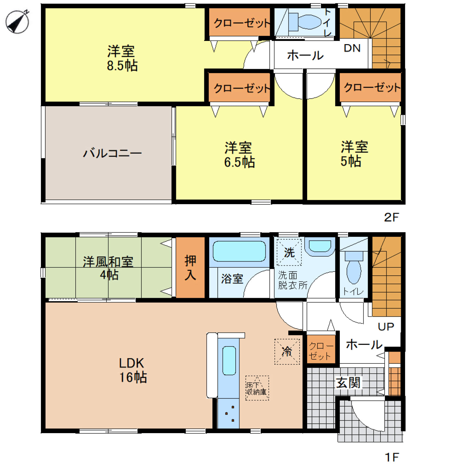 姫路市野里第4　全2区画【1号棟】4LDKのゆとりある間取りで、家族みんなが快適に暮らせる新築一戸建て♪各居室に収納を備え、住空間をすっきり保てる収納充実の住まいです♪駐車2台可、対面式キッチンを採用し、駅やスーパー・コンビニも徒歩圏内の便利な立地♪