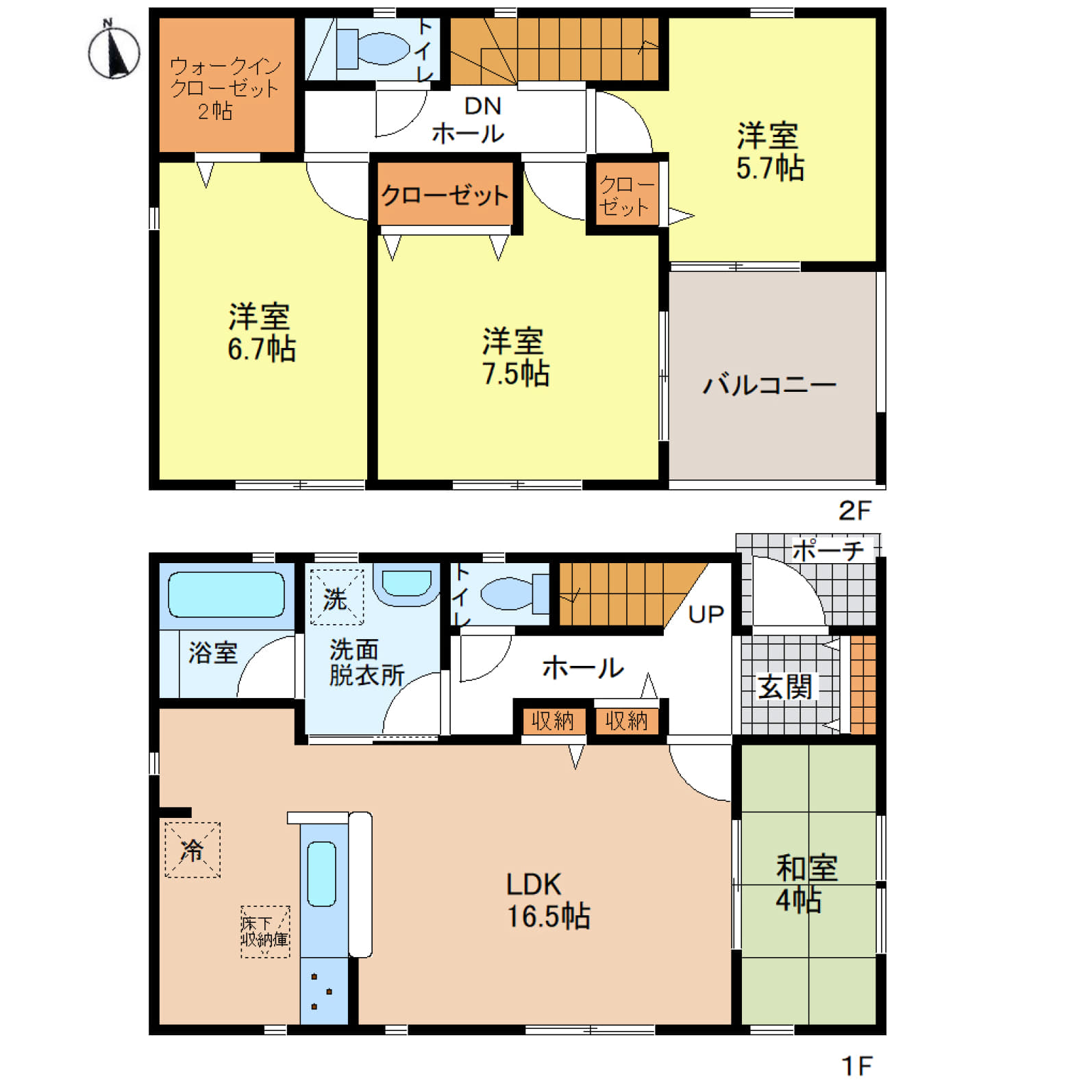姫路市大塩町第5　全2区画【2号棟】16.5帖のLDKに2帖のウォークインクローゼットを備えた、ゆとりと収納力が魅力の住まい♪4帖の和室や各居室収納、玄関収納もあり、家族みんなが使いやすい間取り♪南側バルコニー＆駐車2台可、駅や小中学校も徒歩圏内の便利な立地です♪