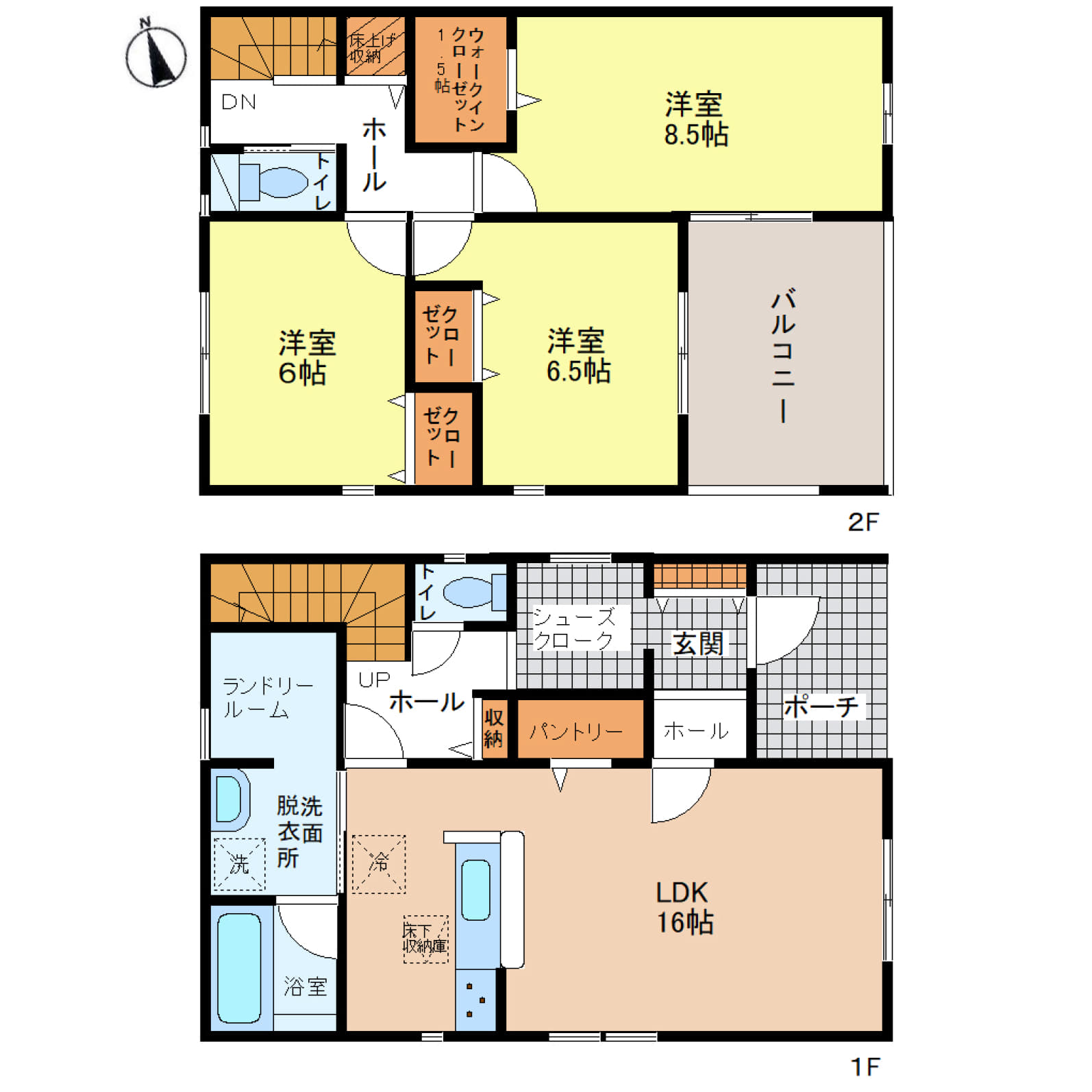 姫路市勝原区山戸第5　全4区画【3号棟】3LDKの暮らしやすい間取りに、ゆったりとした玄関スペースを確保♪約1.5帖のウォークインクローゼットに加え、ランドリールームも備えた収納・家事動線に配慮した住まい♪南向きバルコニーと駐車2台で、毎日の暮らしを快適に彩ります♪